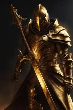 photorealistic holy knight paladin in darkly gold armor and a cape wielding a greatsword in abyss