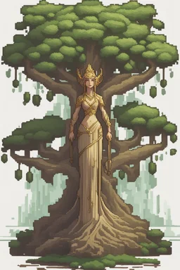 a pixel tree that sprouts in the shape of a goddess for the 2d sidescroller game