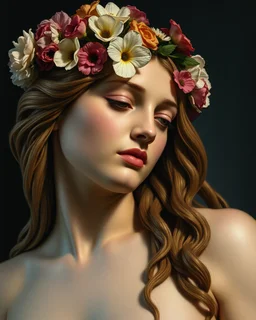 Venus of the night, flower crown on her head, closeup, in the style of Botticelli and Jean Siméon Chardin --ar 77:83 --v 5. 2
