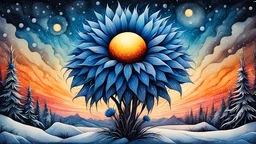 winter best quality, ink painting, acrylic, cute ice cornflowers, sunrise, by Craola, Dan Mumford, Andy Kehoe, 2d, flat, adorable, vintage, art on a cracked paper, fairytale, storybook detailed illustration, cinematic, ultra highly detailed, tiny details, beautiful details, mystical, luminism, vibrant colors, complex background, centered, symmetry, painted, intricate, volumetric lighting, beautiful, rich deep colors masterpiece