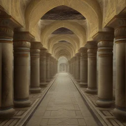 in an dark dirty underground civilization with many buildings pueblo, greek, and islamic architecture