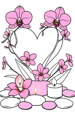 outline art for visually rich appealing heart ikebana orchids plumeria spa rounded stones around candles, coloring page for kids, white background, fit to page, only use outline, clean line art, no shadows, clear and well outlined
