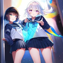 Clear focus,High resolution, Black and Rainbow short fluffy hair, and rainbow eyes, wearing a sailor uniform, must wear a short skirt with a horizontal line