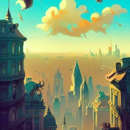 Skyline from Belvedere,big city,Beaux Arts architecture,detailed facades,Book illustration by Gediminas Pranckevičius, Jean Baptiste Monge, Brian Kesinger, Anton fadeev, Kilian Eng, strong lines, high contrast vibrant colors, highly detailed, 16k resolution, trending on behance