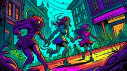 Creatures from 'Fiend without a face' chasing a woman down a street, detailed design, deep colour