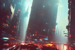 Art by John Berkey and John Harris and Craig Mullins, futuristic cyberpunk city, high rise, smooth, sharp focus, hyper detailed, digital painting, elegant, centered, detailed, neon signs, volumetric lightning, brutalist architecture, 8k, flying hover cars