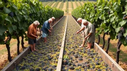 Elderly pensioners in a vineyard treading grapes in a large trough, everyone standing in the trough of grapes in their bare feet, as the first stage in making wine. There are acres of vines with lots of ripe grapes. Everyone is happy. Photographic quality and detail, award-winning image, beautiful composition.