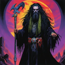 Art by Steve Rude: Singer Rob Zombie with black dreads and black wild beard as a fantasy necromancer holding a glowing black ram staff and wearing black magic robes