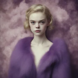 Elle fanning,.egonSchiele, purple fur, flowered wallpaper background, old autochrome