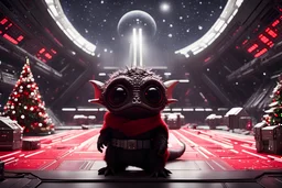 fluffy big eyed baby dragon sith lord in the big hall in second death star and a view to a star wars planet, and christmas tree and sith gifts and a few space ships Tie Fighters, cinematic eye view, all sharp