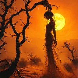 A dramatic surreal painting of a dusty desert mesa at twilight. A mysterious feminine figure emerges from the shadow of twisted creosote branches, her form entwined with thorny vines climbing slowly toward a blazing, boiling sun. Her skin is ethereal and dangerous; as a hand reaches to touch her, blood drips from the fingers. The atmosphere is haunting, poetic, and mythological. Use a painterly, cinematic style, with golden oranges, deep reds, dusty browns, and shimmering highlights. --v 7 --sty