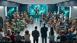 photo from the futuristic waiting room of a studio, a large crowd waits in a giant room. the aliens mutant humans, strange fantastical creatures, droids, and a few human-like beings of all sizes, colors, shaped and looks, stand in the crowd. high detalied, sharp focus, photorealistic, sci-fi style Professional photography, bokeh, natural lighting, canon lens, shot on dslr 64 megapixels , perfect shot