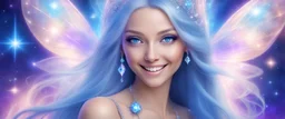 entire face and head of a beautiful bright fairy cosmic women with cosmic long straight hair, crystal jewel and dressed with a magic crystal suit. she has light make up and a sweety smile. The face and the head is entire with a bright light behind