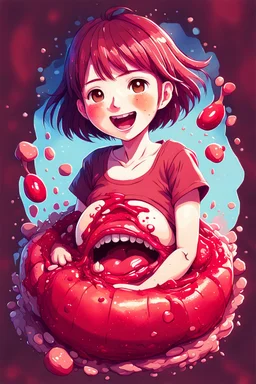 A detailed illustration Anime girl smiling crushed inside really darkred fleshy stomach filled with digestive juices, t-shirt design, in the style of Studio Ghibli, pastel tetradic colors, 3D vector art, cute and quirky, fantasy art, watercolor effect, bokeh, Adobe Illustrator, hand-drawn, digital painting, low-poly, soft lighting, bird's-eye view, isometric style, retro aesthetic, focused on the character, 4K resolution, photorealistic rendering, using Cinema 4D, vector logo, vector art,