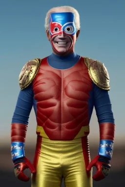 realistic image of joe biden as a mexican wrestling fighter posing, Mexican eyes wrestling mask, red and blue breeches, retro style, 80s, vibrant color, highly detailed, sky background, concept art, unreal engine 5, god rays, ray tracing, RTX, lumen lighting, ultra detail, volumetric lighting, 3d, finely drawn, high definition, high resolution.