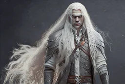 A white masculine human with long white hair. A Lot of Battle Scars. Full body. Blakc Military Outfit. HD