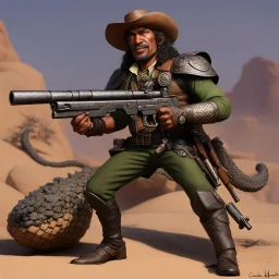 [photo by John Wagner and artist Carlos Ezquerra] Williebrod Rattlesnake the semi-elf with his riflegun