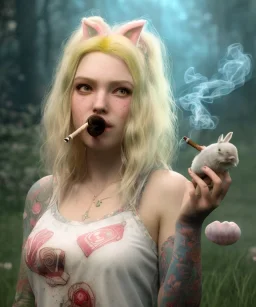 Ultra realistic wonderland photo, happy blonde woman smoking a pipe, blue dress, white rabbit pet, circus dress style, old school tattoo, smoke, marijuana garden, glow eyes, perfect iris, soft color, highly detailed, unreal engine 5, ray tracing, RTX, lumen lighting, ultra detail, volumetric lighting, high definition.