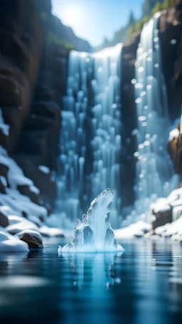 transparent ice elemental swimming at the bottom of huge waterfall,bokeh like f/0.8, tilt-shift lens 8k, high detail, smooth render, down-light, unreal engine, prize winning