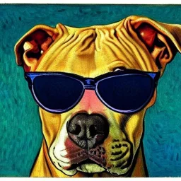 Portrait of a pitbull wearing sunglasses by Van Gogh