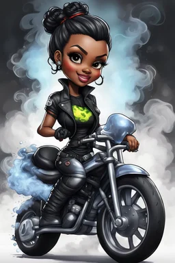 Create a digital airbrush illustration of a chibi cartoon full figure black female riding a sports motorcycle. She is wearing tie dye and black tights with biker boots. Prominent make up with log lashes and hazel eyes. Extremely highly detailed black shiny wavy hair up in a messy bun. Background of smoke surrounding her and the bike and she's at a bike show.