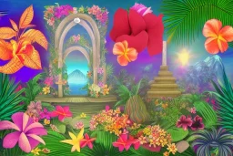  Tropical flowers, heart drawing, crystals, tropical leaves, sacred altar, Fantasy temple, Surreal landscape.