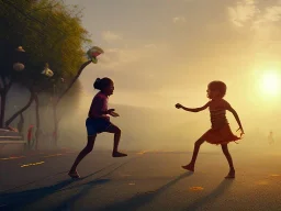 children playing on the Indian street capture them against the sun and make an art silhouette, hyper details, real sharp, 8k