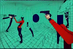 Dark green to cyan body color. Girls with slim body. Pointing with pistol. Man behind the image. Cyber-punk. Surrealistic, no eyes. Red and blue mathematical 3D-tiling. Escher tiling background. Oppressive atmosphere. Soviet propaganda. Partly symmetrical in relation to the movement. Perfect golden ratio in vertical and horizontal directions. Deep blue geometrical hexagon in 11th dimension. Narrow focal plane.