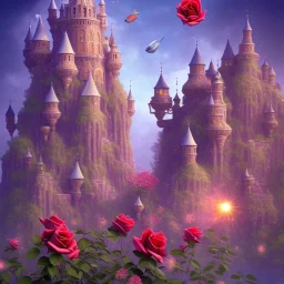 psychedelic giant roses and tiny flying fish and antic city in the background 3D mystic ambiance