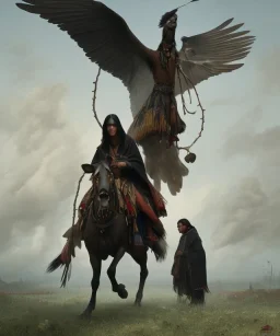 shaman, male native american, long black hair, black hooded coat like wings, 8k resolution concept art portrait by Greg Rutkowski