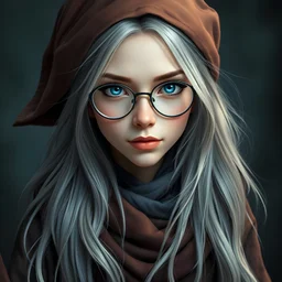 female wizard with glasses and commoner clothes, long hair with silver highlights, blue eyes