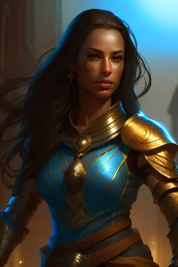 female kalashtar from dungeons and dragons, martial arts clothing, long and dark hair, cool colors, woman of color, realistic, digital art, high resolution, strong lighting
