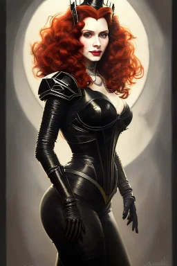 painting of christina hendricks as evil queen in black leather, feminie, angry, volouptous, busty, cleavage, emperious, mature, highly detailed, digital painting, artstation, concept art, smooth, sharp focus, illustration, art by gaston bussiere and alphonse mucha