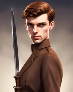 young noble swordman short brown hair photorealistic dieselpunk