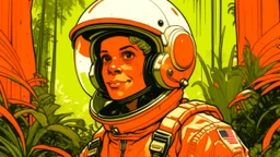 waist-up "female Astronaut in a Jungle" by Syd Mead, broken helmet tangerine cold color palette, muted colors, detailed, 8k