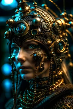 A beautiful voidcore shamanism biomechanical woman young faced portrait with a voidcore gothica headdress with christmas metallic filigree gothica ornaments around ribbed with agate stones half face mand azurit mineral stone metallic steampunk filigree Golden voidcore shamanism rose on half face masque christmas athmospheric organic bio spinal ribbed detail of bokeh decadent gothica christmastree and lights backround and bokeh christmas gothic ornaments around extremely detailed hyperrealis