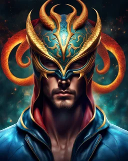 Full body ultra realistic photo portrait of superhero man with stylized dragon mask over his eyes and forehead cosmic energy, colorful, painting burst, beautiful symmetrical face, nonchalant kind look, realistic round eyes, tone mapped, intricate, elegant, highly detailed, digital painting, artstation, concept art, smooth, sharp focus, illustration, dreamy magical atmosphere, full body