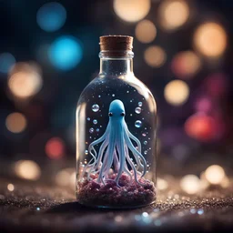 cute tiny crystal squid in a bottle, sharp focus, high contrast, dark tone, bright vibrant colors, cinematic masterpiece, shallow depth of field, bokeh, sparks, glitter, 16k resolution, photorealistic, intricate details, dramatic natural lighting