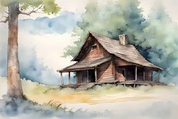 ink wash and watercolor illustration of a highly detailed, 18th century rough hewn New England clapboard cabin, with dry laid stone fireplace, in a towering oak forest, in the comic book style of Bill Sienkiewicz and Jean Giraud Moebius ,rich vibrant earth tone colors,