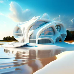 Country house on the beach and over water style Zaha Hadid hyper-realistic detailed complementary colors white cream summer people 8k