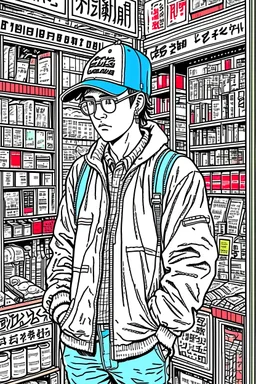 Old school rapper in the style of 90's vintage anime, surrealism, akira style. detailed line art. fine details. inside a 7/11 in tokyo
