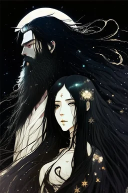 Celestial anime woman, long black hair, with bearded man