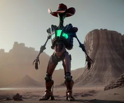 Alien, mech, vest, jellyfishsombrero, metal, holding gun, steel hands, strong, chest plate, holding rifle, pauldrons, pressurized cowboy boots, radium, sleeved, injector