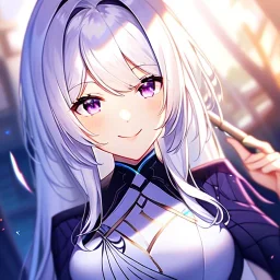 8k, Girl, high quality, detailed, white hair, purple eyes, beautiful lighting, first-rate female bodies, smiling