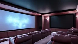 Generate an image of a sleek home cinema with our top-notch projectors and surround sound systems with a star-lined ceiling similar to a Rolls Royce in a high-rise penthouse