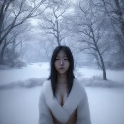 only wonderfull japanese woman, big chest, in snow, portrait, student costume, village, meditation, woods, cyberpunk, 8k quality