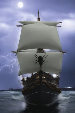 Ship front view with a Spider figurehead at night in a storm with giant waves