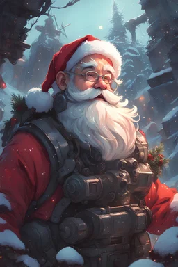 ( mid-shot), Krenz cushart style, Christmas filter, ultra detailed visually rich 2d cartoon manga concept art illustration of Santa Claus created with the main focus on the mechanical post apocalyptic overgrown wilderness style from Horizon: forbidden west, (((candid photography))),luminous and enchanting, dark and eerie, lit dark fantasy realm, (((rule of thirds))) depth of field intricate details,subtle colors,fantastical realm, extremely detailed,ultrasharp
