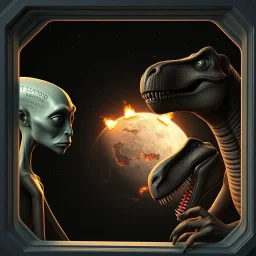 two sad characters gazing out of a spaceship window at a cratered burning close up 3d planet. On the left an thin alien with very pointy shape head and with x-shaped mouth, and on the right a bigg stronger dinosaur-like creature with big head sharp teeth. The background displays a dark space scattered with distant stars and three small explosions occurring on the planet's surface, adding a dramatic sense of action to the scene. realistic, detailed, cinematic, sci-fi