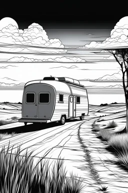 Outline art, no shading, caravan on the road, cartoon style, black and white, low detail, --ar 9:11
